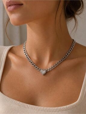 Silver Heart Pendant Chain Necklace Stainless Steel